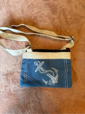 Canvas Anchor Crossbody Bag - Blue & Cream
